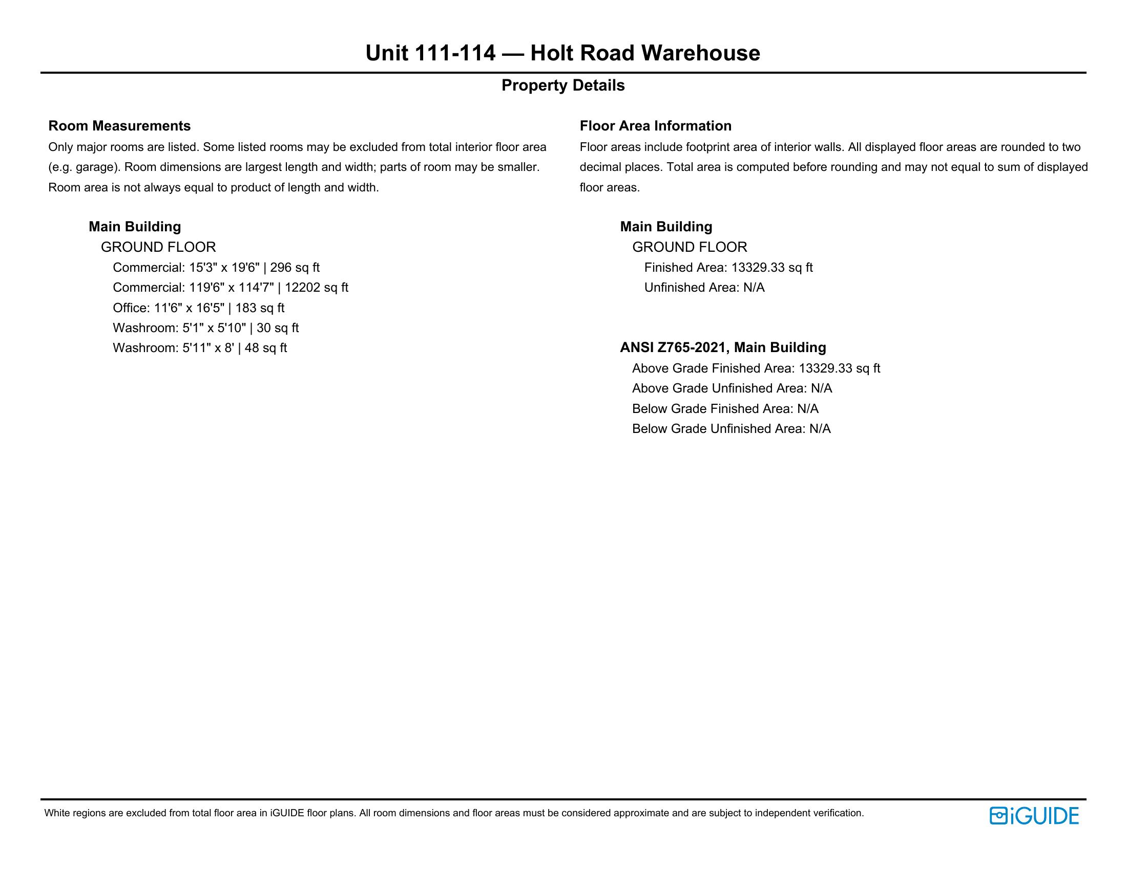 Room-by-room measurement sheet for the Holt Road warehouse
