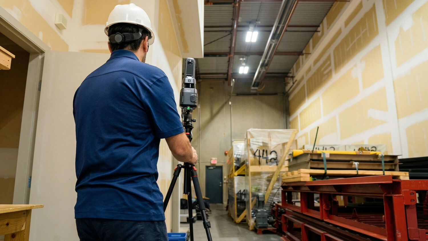 LiDAR scanner mounted on a tripod capturing a commercial warehouse interior